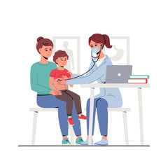 Checkup at children's doctor in hospital. Pediatrician examines sick kid with stethoscope. Child with mother at pediatrician office. Diagnosis and consultation of pediatric specialist. Healthcare