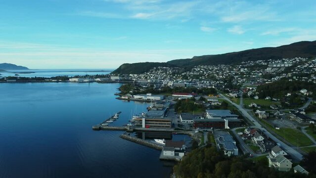 Ulsteinvik and Lyngnesvika bay from drone perspective.