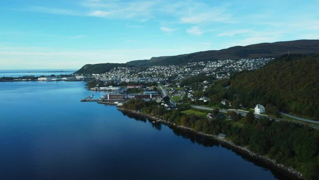 Ulsteinvik and Lyngnesvika bay from drone perspective.