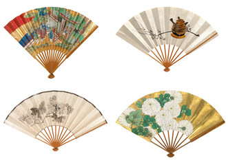 Old Japanese folding fan collection isolated - obrazy, fototapety, plakaty