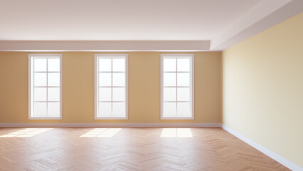 Beige Empty Room with a White Ceiling and Cornice, Glossy Herringbone Parquet Flooring, Three Large Windows and a White Plinth. 3D render, 8K Ultra HD, 7680x4320