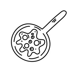 Frying Pan with Fried Eggs and Sausages in Cartoon Doodle Style. Graphic Sketch of Breakfast Food. Vector Icon, Print, Logo Isolated on a White Background.