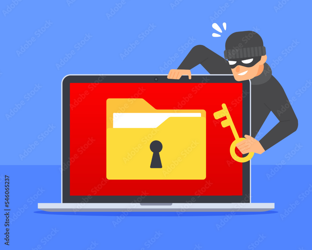 Aufkleber hacker with key or padlock try to access locked document folder icon on laptop. data breach, cybercr