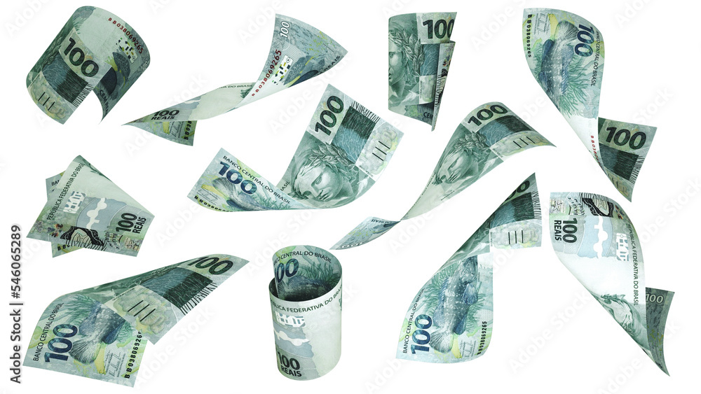 Poster 3d rendering of 100 brazilian real notes flying in different angles and orientations isolated on whi