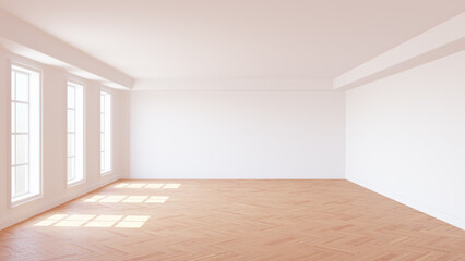 White Sunny Interior with Plastered Walls, Three Large Windows, White Ceiling Cornice, Glossy Herringbone Parquet Floor and a White Plinth. 3D illustration with a Work Path on the Windows. 8K Ultra HD © SK-Studio