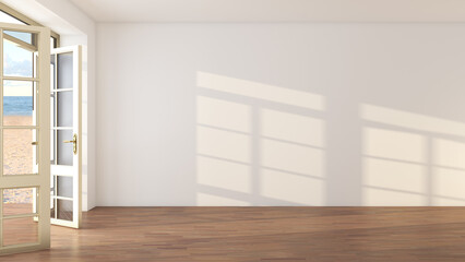 Sunny Beige Hotel Interior with Open Doors Overlooking the Beach, Yellow Sand and Clouds. Sea View Room with Dark Parquet and Sun Rays Falling on the Beige Stucco wall. 3D rendering, Ultra HD 8K