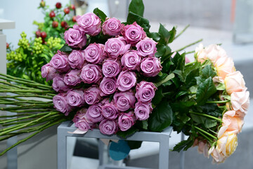 Beautiful bouquet with pink roses and peonies