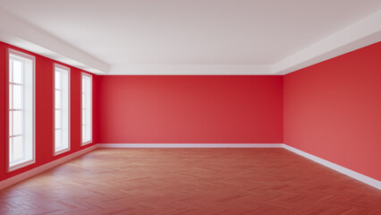 Beautiful Room with Crimson Walls, White Ceiling and Cornice, Three Large Windows, Glossy Herringbone Parquet Floor and a White Plinth. Perspective View, Interior Concept, 3D illustration, 8K Ultra HD