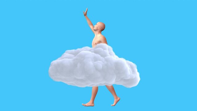 Man body rotate in white cloud on blue background. Realistic 3d art composition in creative modern stop motion style. Minimal abstract graphic concept design. Fashion loop animation.