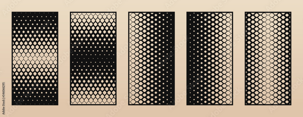 Poster laser cut panel set. trendy collection of abstract geometric patterns with circles, halftone grid, g