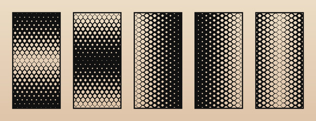 Laser cut panel set. Trendy collection of abstract geometric patterns with circles, halftone grid, gradient transition. Decorative stencil for laser cutting of wood, metal, paper. Aspect ratio 1:2 - obrazy, fototapety, plakaty