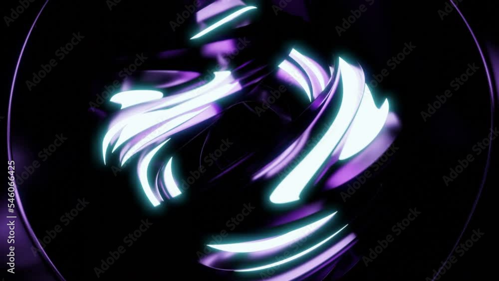 Poster Rotating abstract ball with neon lines and pulsations. Design. Futuristic figure rotate in space with neon lines. Pulsations with rotating abstract figure and neon. Futuristic Artifact