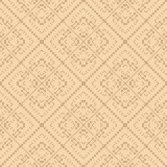 Vector geometric traditional folk ornament. Golden ethnic style seamless pattern. Gold ornamental geo background with small squares, snowflakes, floral shapes, grid. Texture of embroidery, knitting