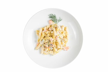 Pasta noodle with cream on a white plate isolated on a white background