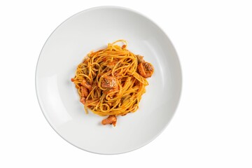 Spaghetti with a mushroom on a white plate isolated on a white background
