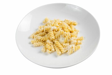 Pasta noodle with cream on a white plate isolated on a white background