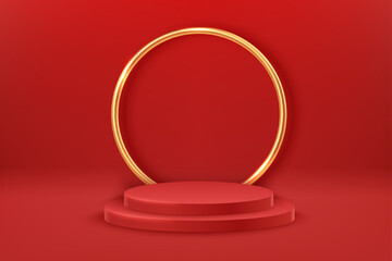 Two red round podiums and golden decor in a shape of circle. Award ceremony concept. Abstract scene with cylindrical podiums. Geometry shape platform