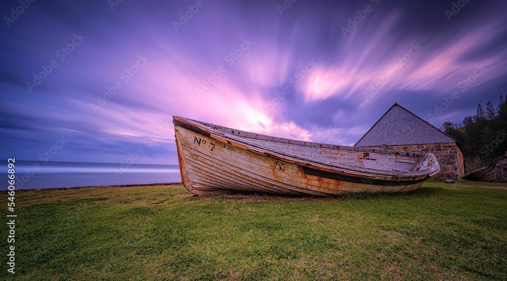 Canvas Prints Dreamy purple sky over the green field with an old rusty boat at the shore - great for a wallpaper