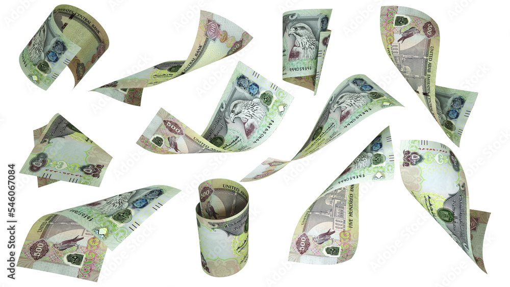 Poster 3d rendering of 500 uae dirham notes flying in different angles and orientations isolated on white b