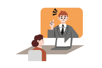 Girl student studying at home with her laptop with piles of books and pc on the background. E-learning, webinar, online video training, distance education concept. Modern vector illustration.