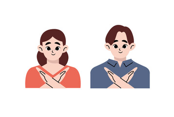 Man and woman refuse or reject hand gesturing in flat design on white background. No means no concept.