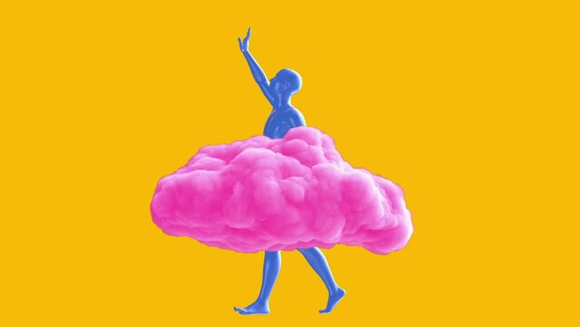 Man blue body rotate in pink cloud on yellow background. Realistic 3d art composition in creative modern stop motion style. Minimal abstract graphic concept design. Fashion loop animation.
