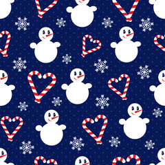 Snowman. Seamless vector pattern with stylized snowmen, heart-shaped candy canes and snowflakes. Winter pattern