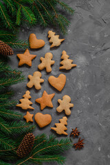 Christmas composition with homemade gingerbread cookies, fir tree branches, cones, star anise on a grey background. Copy space.