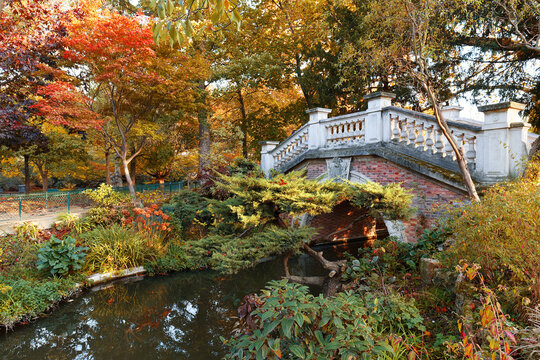 The autumn trees and small bridge in Parc Monceau, Paris, France.