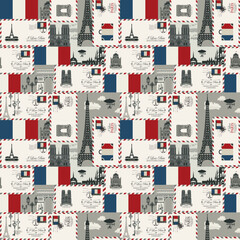 Vector seamless Background on France and Paris theme with envelopes, architectural landmarks and flag of French republic in retro style. Can be used as wallpaper or wrapping paper