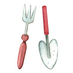 Gardening tools, a shovel for the earth and a rake with a brown handle. All elements are hand-painted in watercolor on a white background. Suitable for printing on packaging, in books.