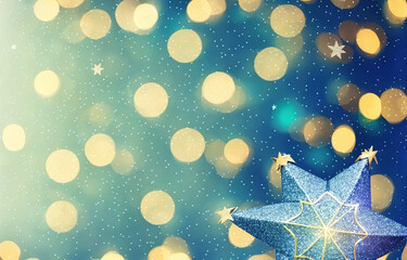 blue star with gold ornament on a blue background with blurry lights and stars in the sky in the background