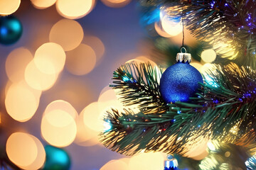 blue christmas ball hanging from a Christmas tree with lights in the background and a blurry background