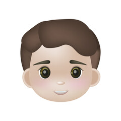 Fototapeta premium Vector 3d illustration, the head of a boy with brown hair, dark eyes. Avatar, icon for the application. Kawaii smiling cartoon character. Suitable for children's products, books.