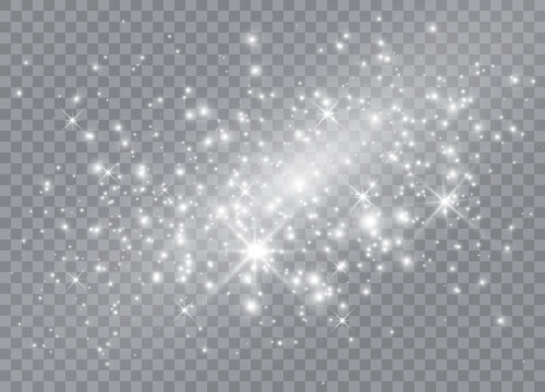 Light glow effect stars. Vector sparkles on transparent background. Christmas abstract pattern. Sparkling magic dust particles.