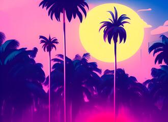 Fototapeta na wymiar sun in the sky and palm trees, digital game art, visually stunning