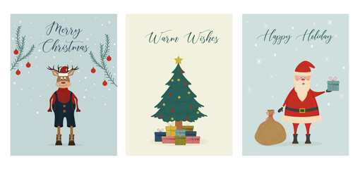 Set of Christmas, New Year, and winter holidays cards with watercolor texture.