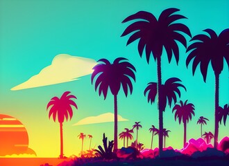 Fototapeta premium sun in the sky and palm trees, digital game art, visually stunning