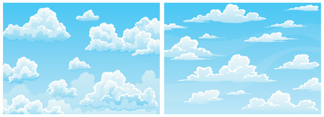 Cloudscape sky cartoon background set . Light blue daytime sky with white fluffy clouds. Heaven with bright weather, summer season outdoor scene. Vector illustration - obrazy, fototapety, plakaty