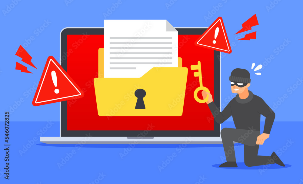 Poster hacker use key to unlock locked document folder on laptop. system warning alert to cyber threat or c