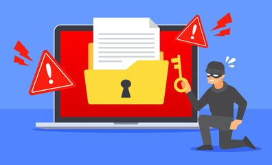 Hacker use key to unlock locked document folder on laptop. System warning alert to cyber threat or cybercrime concept. Data breach or file hacking. Flat cartoon vector icon. Technology illustration.