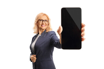 Mature businesswoman showing a smartphone screen