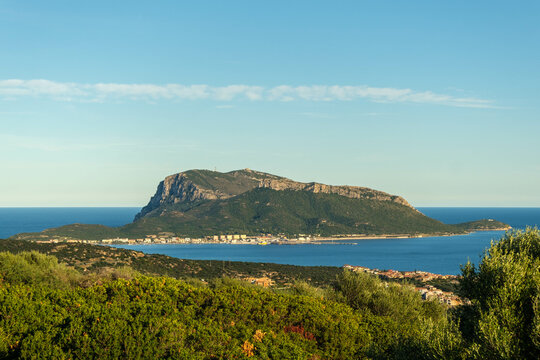 Full view of the coast and bay of Golfo aranci with Capo Figari, Olbia Sardinia
