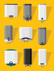 Boiler icons. Symbol of heating equipment. Vector water heaters in flat style. Efficient house concept