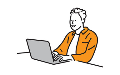 Happy business man smiling at using laptop doing Officeworks sitting at his desk.