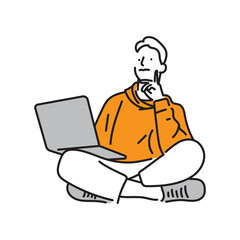 Young smiling man student studying homework using laptop computer line art.