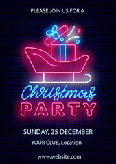 Christmas party neon banner. Vertical poster template. Santa Claus sleigh with present icon. Vector illustration