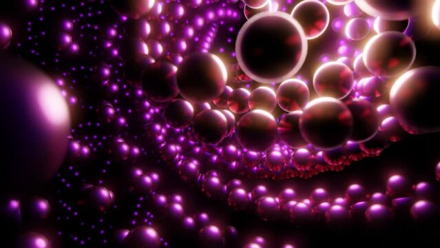 Dynamic colorful pattern of 3D swirl of small glowing spheres. Design. Rotating tornado of purple balls.