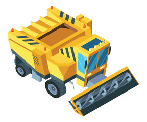 Isometric combine harvester. Agricultural machine collect wheat, concept farm natural farming. Vector cartoon eco eating industry