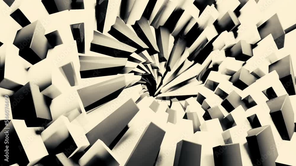 Poster dynamic monochrome pattern of 3d swirl of small 3d rectangles. design. tornado of black and white cu